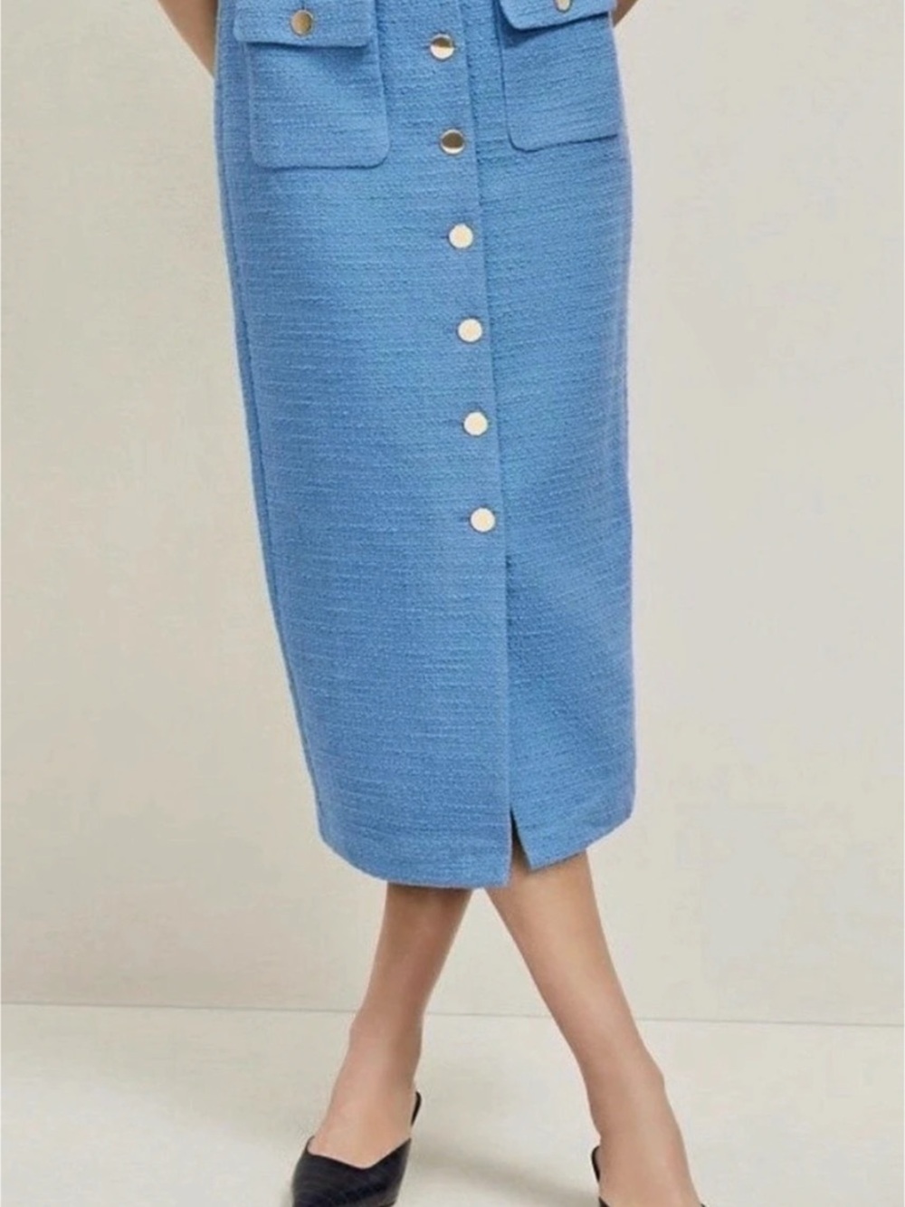 NWT Ann Taylor blue tweed Midi Skirt Button Front